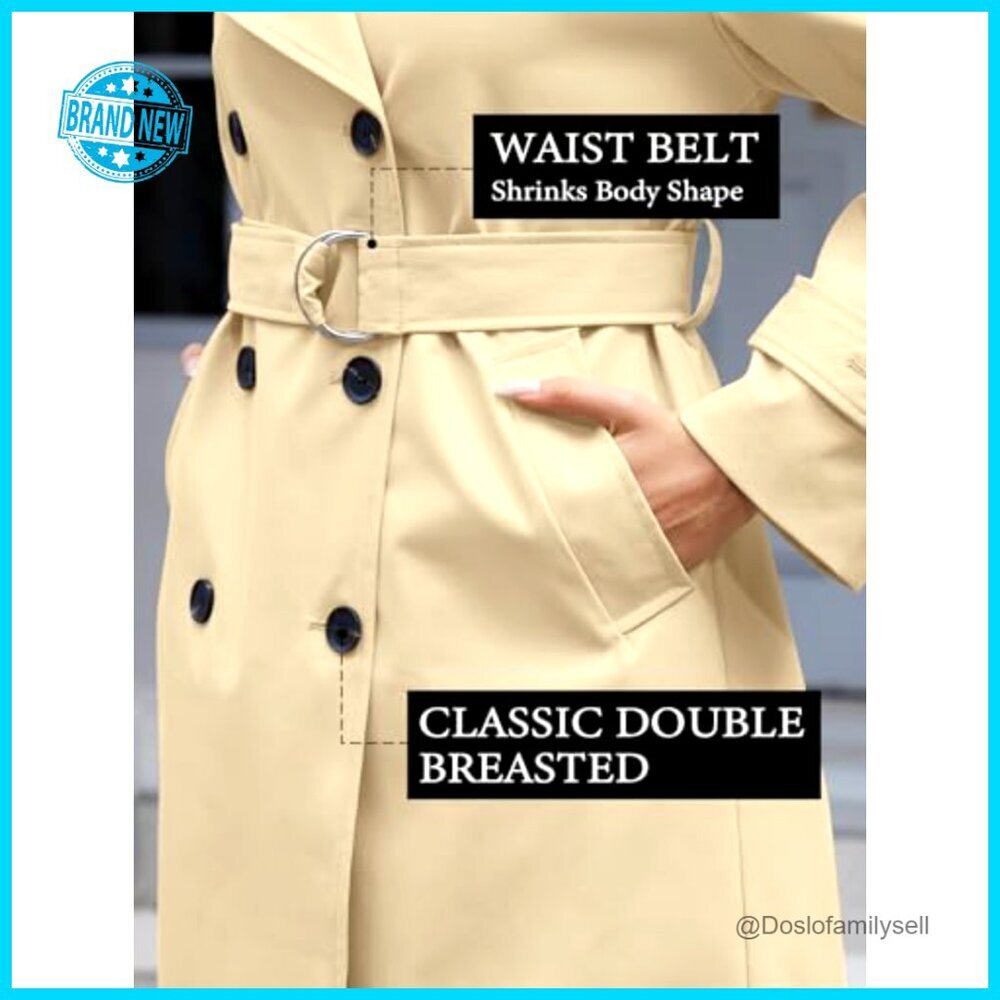 Oversized Double Breasted Trench Coat Classic Elegant Windproof Overcoat with - Picture 4 of 7